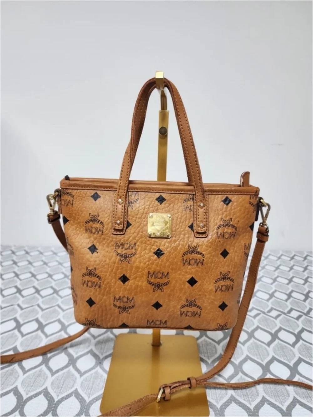 Authentic MCM Small Monogram Top Handle Bag Brown